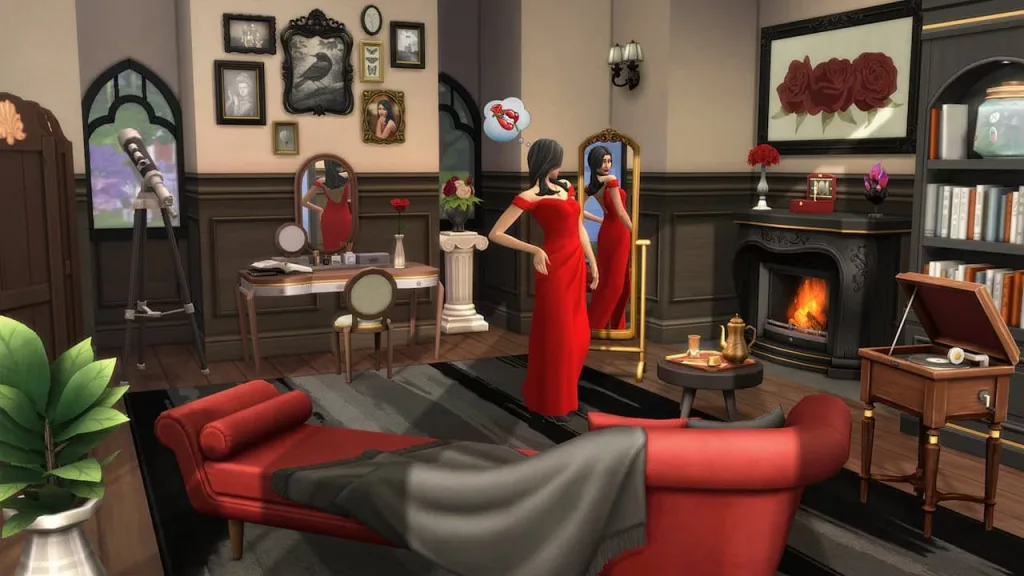 A picture of a fancy, well-appointed room. A woman is in the middle admiring herself in a floor length mirror, she is wearing a red dress. There's a roaring fireplace and other fancy decorations.