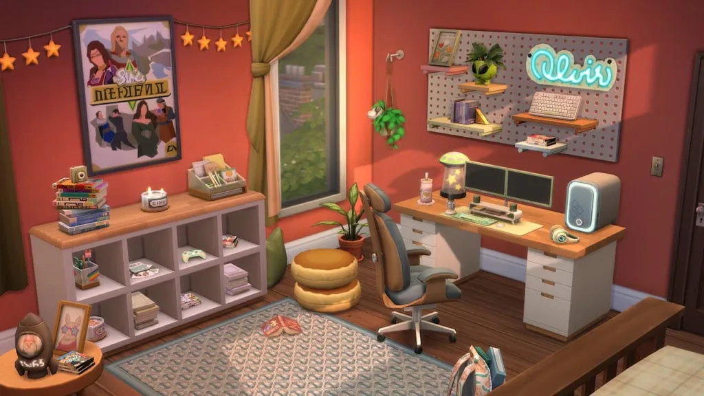 An image of a cosy bedroom featuring a desk with monitor and gaming PC. Various accessories are scattered around and there's a poster on the wall for a medieval-themed game.