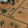 An overview of a custom neighbourhood in The Sims 2. It's a desert world with a dustry orange flooring, and a square road grid. A steam pipe can be seen alongside a caravan park, a couple of empty lots, a pond, fir trees, a crashed UFO, and dinosaur bones.