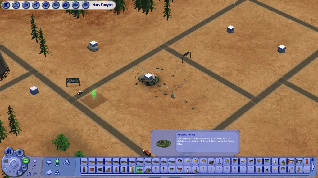 An overview of a custom map in The Sims 2 showing a lot of the assets available to add, including Ancient Henge and a crashed UFO site. It also shows the UI where these items are found.
