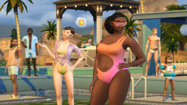 A bunch of Sims at a pool party stood around talking to each other in swimwear and summer clothes. One Sim stands right at the front looking into the camera with her hand on her hip. She's wearing a pink swimsuit and is looking into the camera.