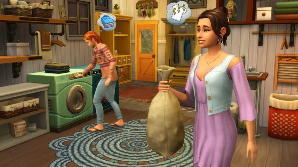 A picture of a woman holding a sack and a man operating a washing machine.