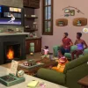 A family in a well-decorated living room watching television, the tables and wall are decorated with paraphernalia.