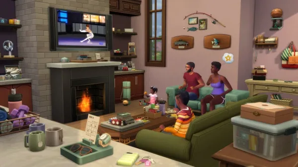 A family in a well-decorated living room watching television, the tables and wall are decorated with paraphernalia.