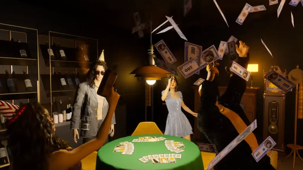 A group of Zois in InZOI playing poker and using a money machine to fire money around a dimly lit room. They have party hats on.