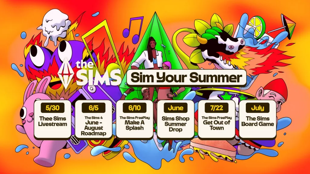 The Sims: Sim Your Summer EA announcement. A graphic which shows a woohoo heart, a pink social bunny, a fire-breathing cowplant, a drink with an umbrella, a gnome in swimwear, grilled cheese, water everywhere, ice cream, hifi, and music notes.