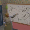 A Sim giving a lecture with a whiteboard in The Sims 4 businesses and hobbies. A floral wall is behind them with pink, blue, and yellow flowers, as well as a blue door. The whiteboard has pink trim and is covered in doodles of music and theatre-related things, like two dramatic masks and a keyboard.